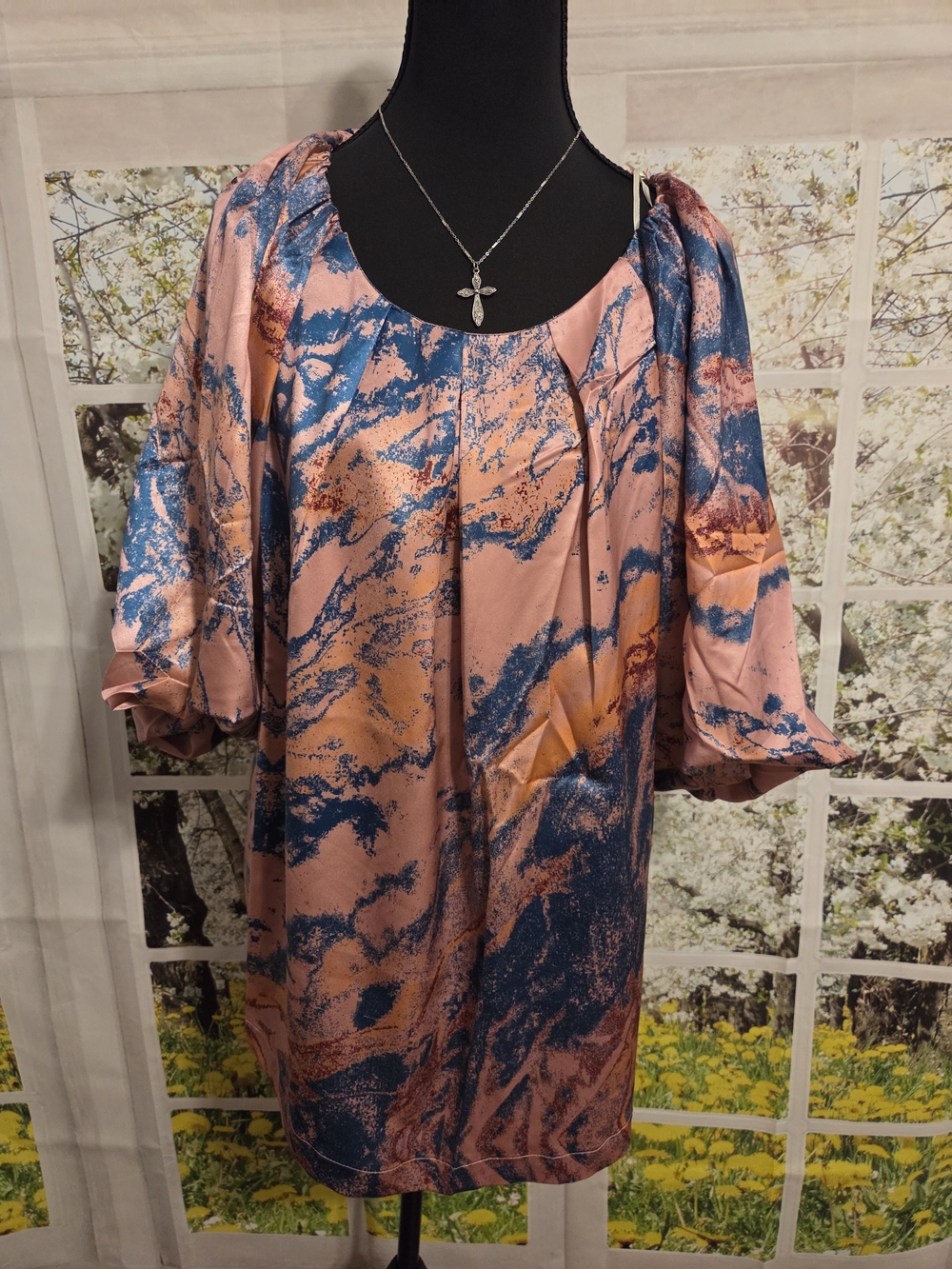 Umgee Pink and Blue Abstract Satin Blouse